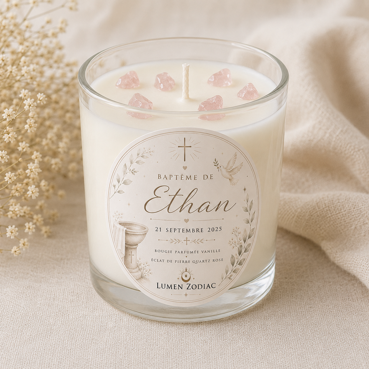 Petites bougies parfumées personnalisées pour mariages, baptêmes
